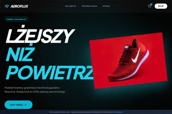 AeroFlux Footwear — koncepcja strony dla produktów przyszłości