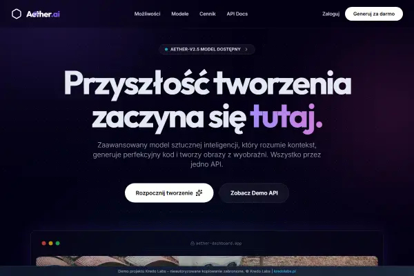 Aether AI — koncepcja strony dla produktów przyszłości