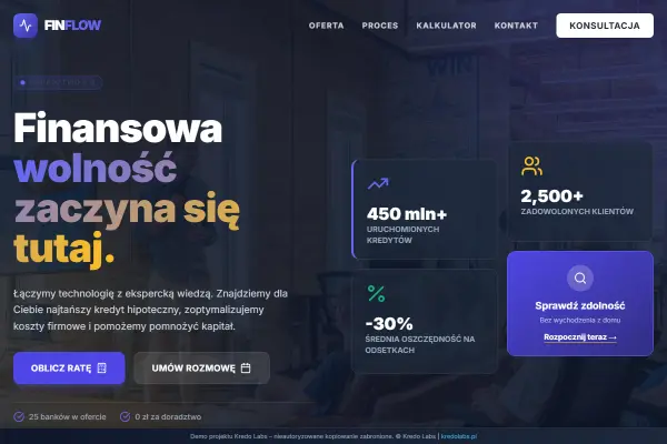 Fintech & Kredyty — koncepcja strony dla fintechu i prawa