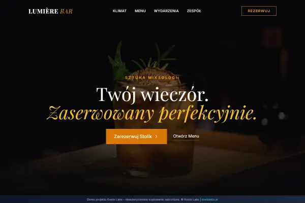 Lumière Cocktail — koncepcja strony dla gastronomii