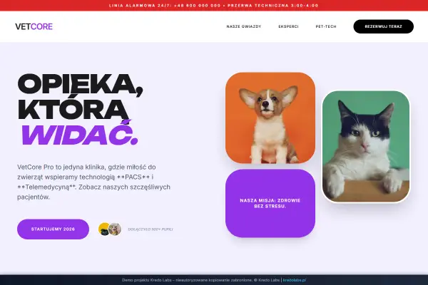 VetCore Pro Vet — koncepcja strony dla edukacji, sportu i ekspertów